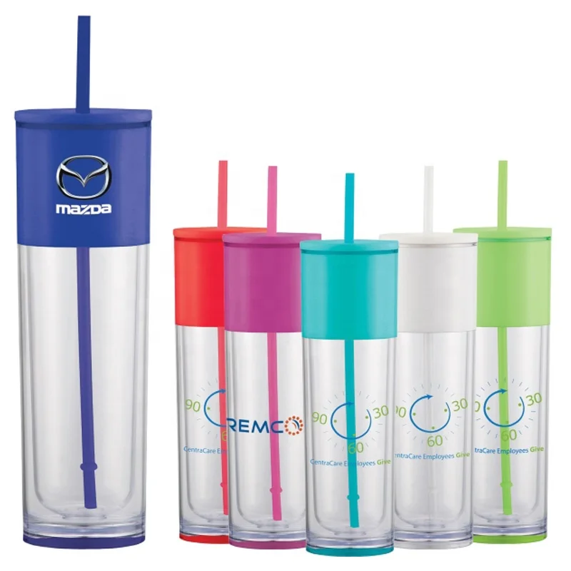 Double Walled 16oz. Plastic Coffee Skinny Tumbler with Straw