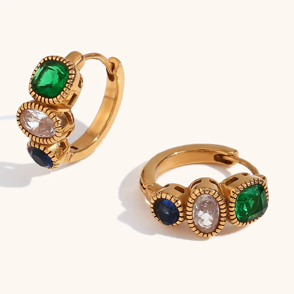 Vintage Palace Style 18K Gold Stainless Steel Party Jewelry Luxury Blue Green Cubic Zirconia Hoop Earrings Women