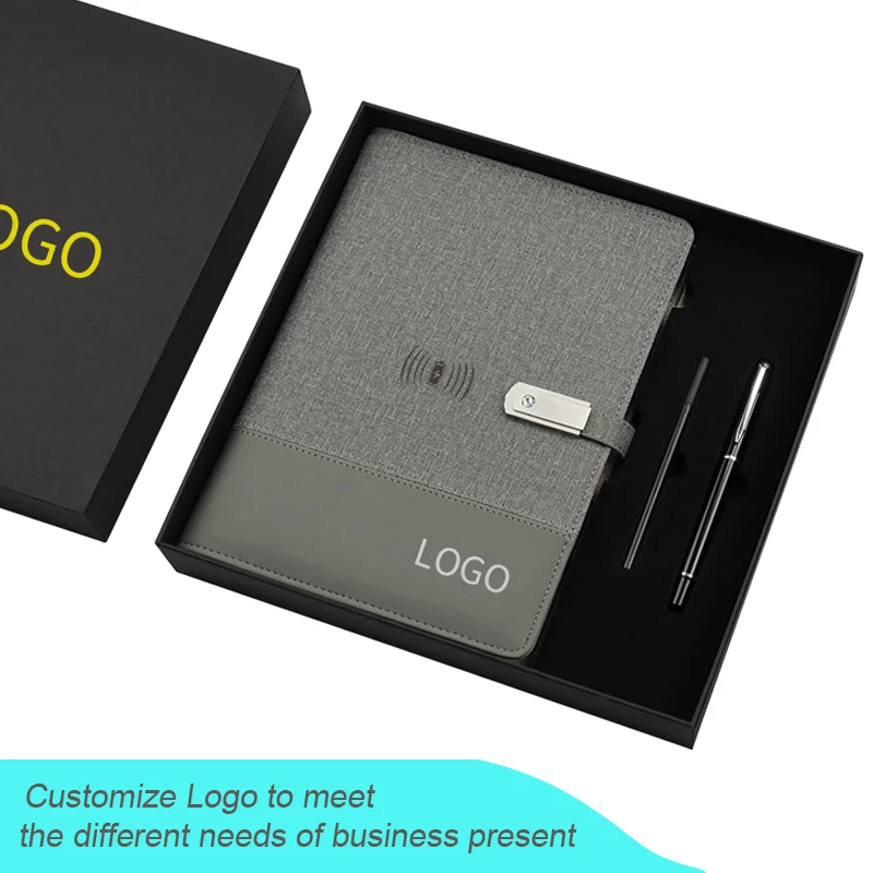 Wholesale A5 Loose-Leaf Notebook with wireless charger and Power Bank custom made logo Power Bank Diary with Gift Box for gifts