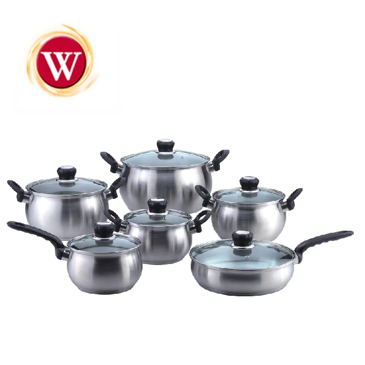 Cooking Kitchen Cookware Set Casserole Hot Pot and Non-Stick Frying Pan 12 PCS Belly Shape Stainless Steel Cookware Set