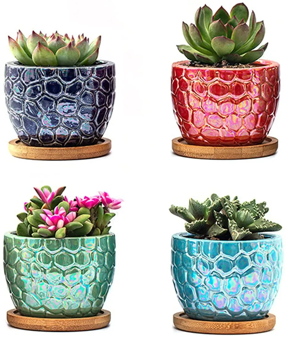 Ceramic Succulent Plant Pot, 8cm Colourful Electroplated Cracked Style Small House Indoor Outdoor Cactus Flower Planter