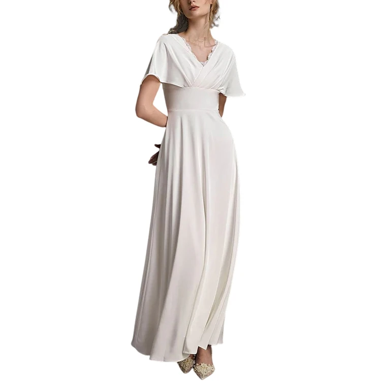 White Flutter Sleeve Lace-Up Satin Maxi elegant civil wedding dress satin wedding dress civil wedding dress