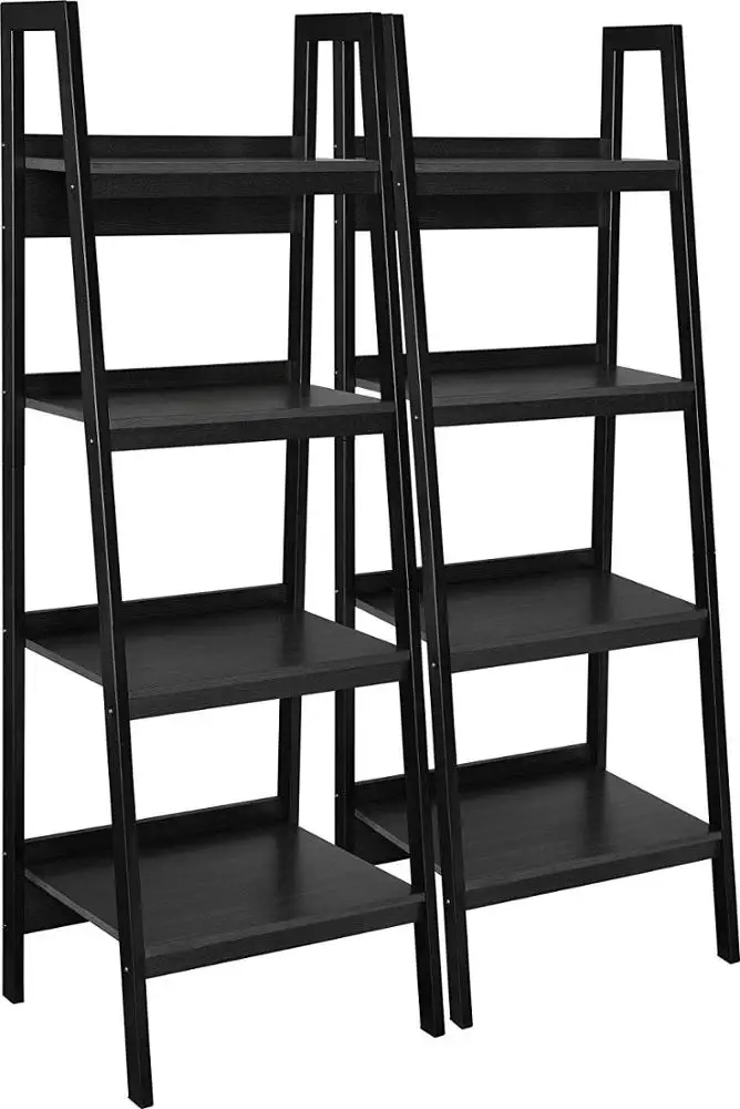 Bamboo Bookshelf Storage Organizer Display Ladder Shelf Black Color