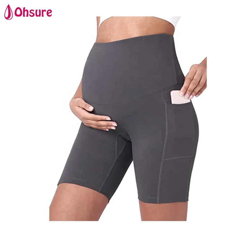 
OEM Maternity Fitness Short Pants Yoga Shorts with Pockets For Women Maternity Wear High Waist Support Pregnant Shorts 