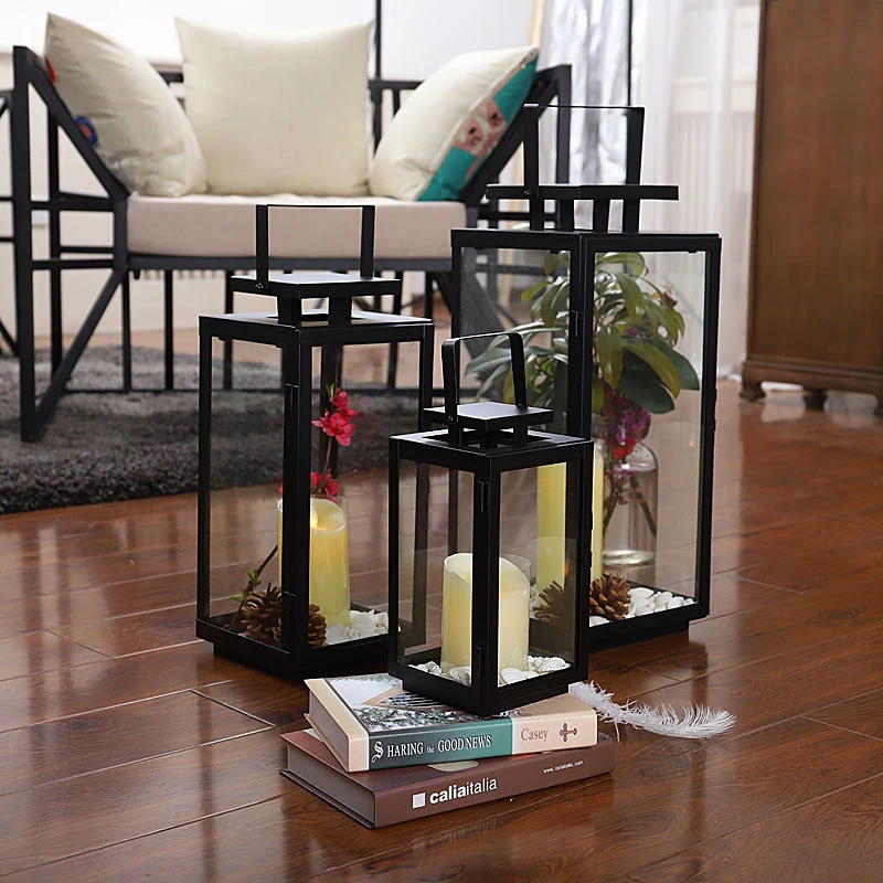 2022 Hot selling classic outdoor glass floor metal lantern garden decoration model candle holder ornaments iron wind lanterns