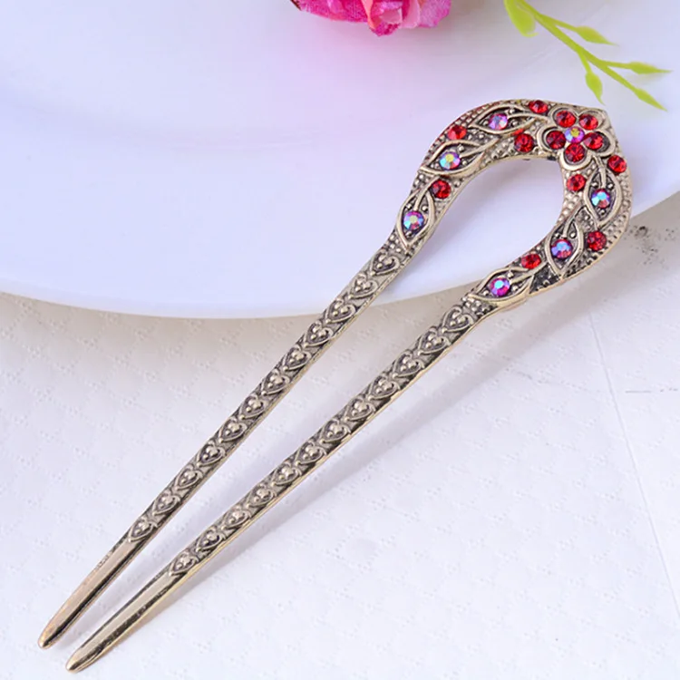 Vintage Hair Accessories Antique Bronze Plated Hairpins U shape Hair Stick Pin Women Rhinestone Flower Hair Jewelry