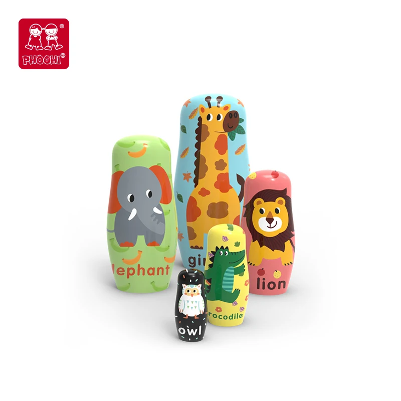 New Design with Hand Paint Children 5 PCS Animal Custom Nesting Russia Doll Toy Wooden education toys
