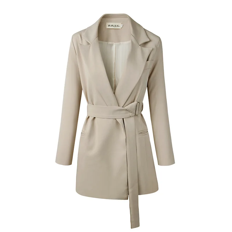 Women Autumn Elegant Lapel Waist Tight Blazer Slimming Solid Color Suit Coat Female Long Sleeve Belt Jacket