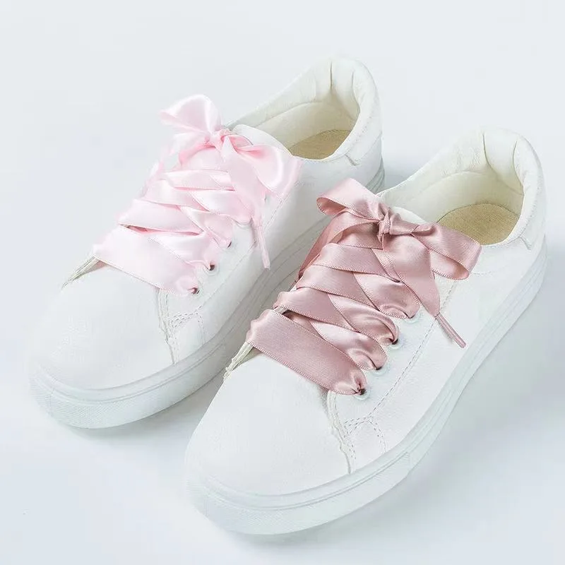Wholesale 1 Pair Width 2cm Satin Silk Ribbon Shoelaces Rainbow Color Flat Laces For Sneaker Sport Casual Leather Shoes Strings