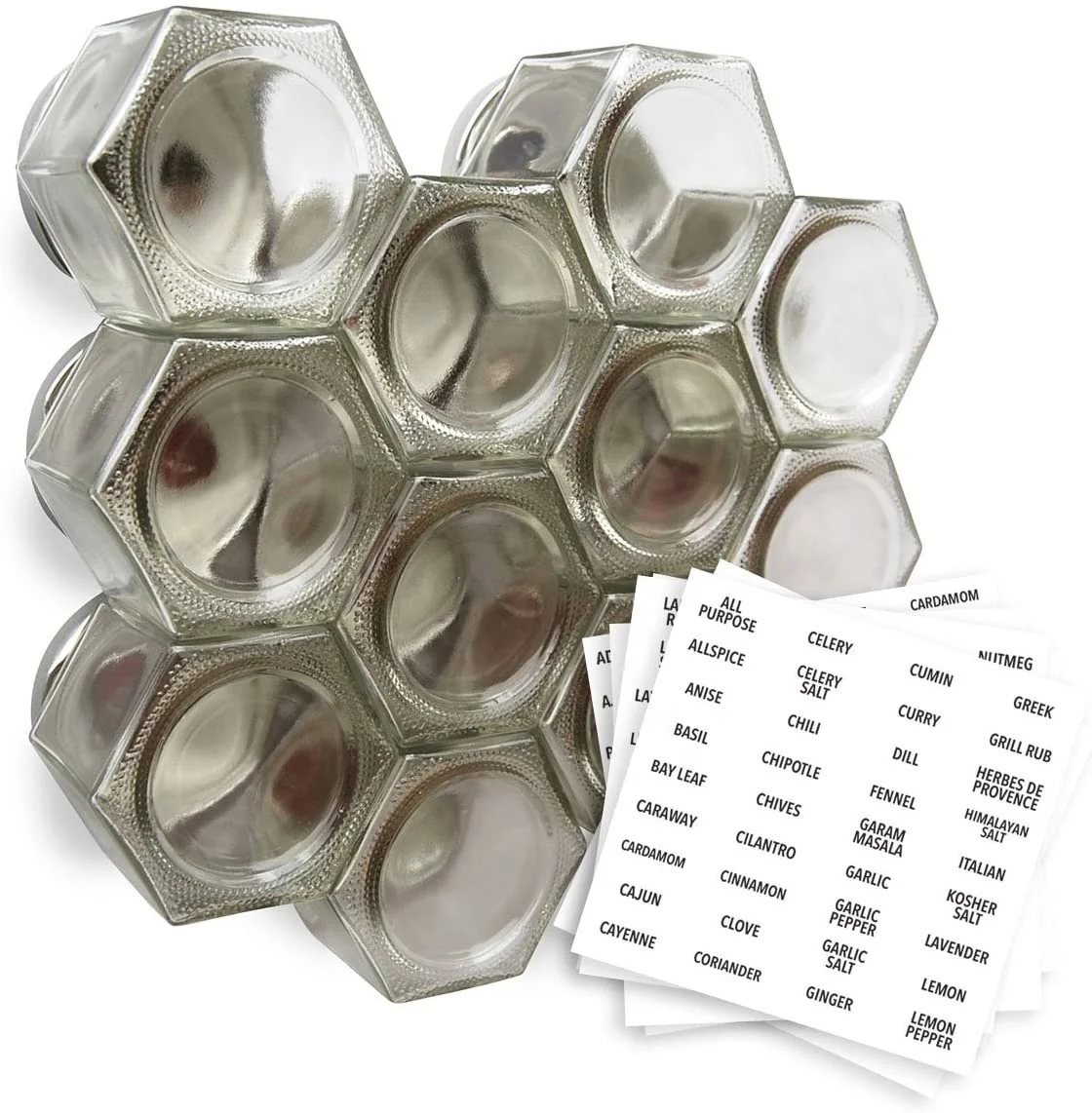Магнитные Банки для специй, шестигранные стеклянные банки для специй с сильными магнитными крышками из нержавеющей стали, экономия пространства для хранения