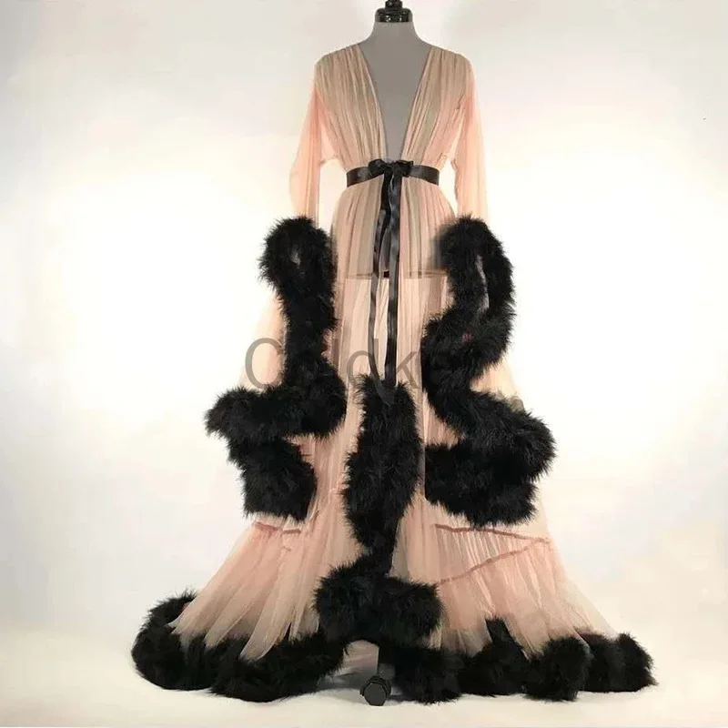 Sexy Deep V-neck Tulle Maternity Dresses Lace Hollow Horn Long-sleeved Feather Long Robe Nightgown Sleepwear Party Dress