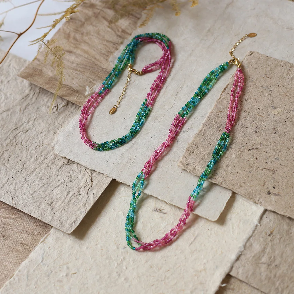 Summer Crystal Jewelry Elegant Pink Green Tourmaline Stainless Steel Accessories Multi Layer Beads Choker Necklace for Women
