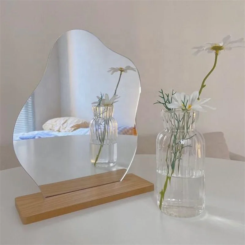 Irregular Acrylic Mirror Base Aesthetic Desktop Vanity Frame for Makeup Ins Style Bathroom Room Decor Cosmetic Mirror with Wood