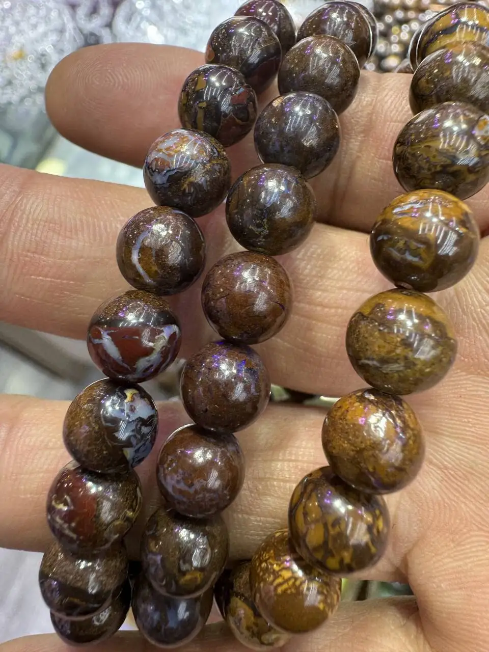 Factory wholesale unusual gemstone beads natural round beads 8mm black opal bracelet rare gemstone Boulder opal bracelet