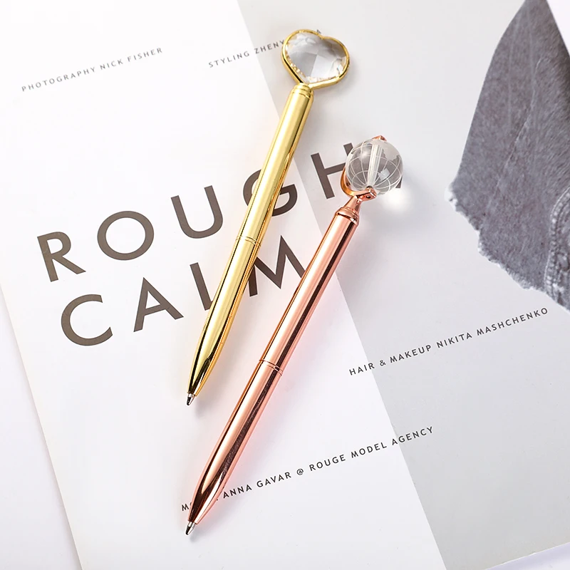 SHULI Cristal Pen 1.0mm Novelty Metal Love Diamond Crystal Globe Crown Pearl Wedding Bling Ball Point Pen With Customized LOGO