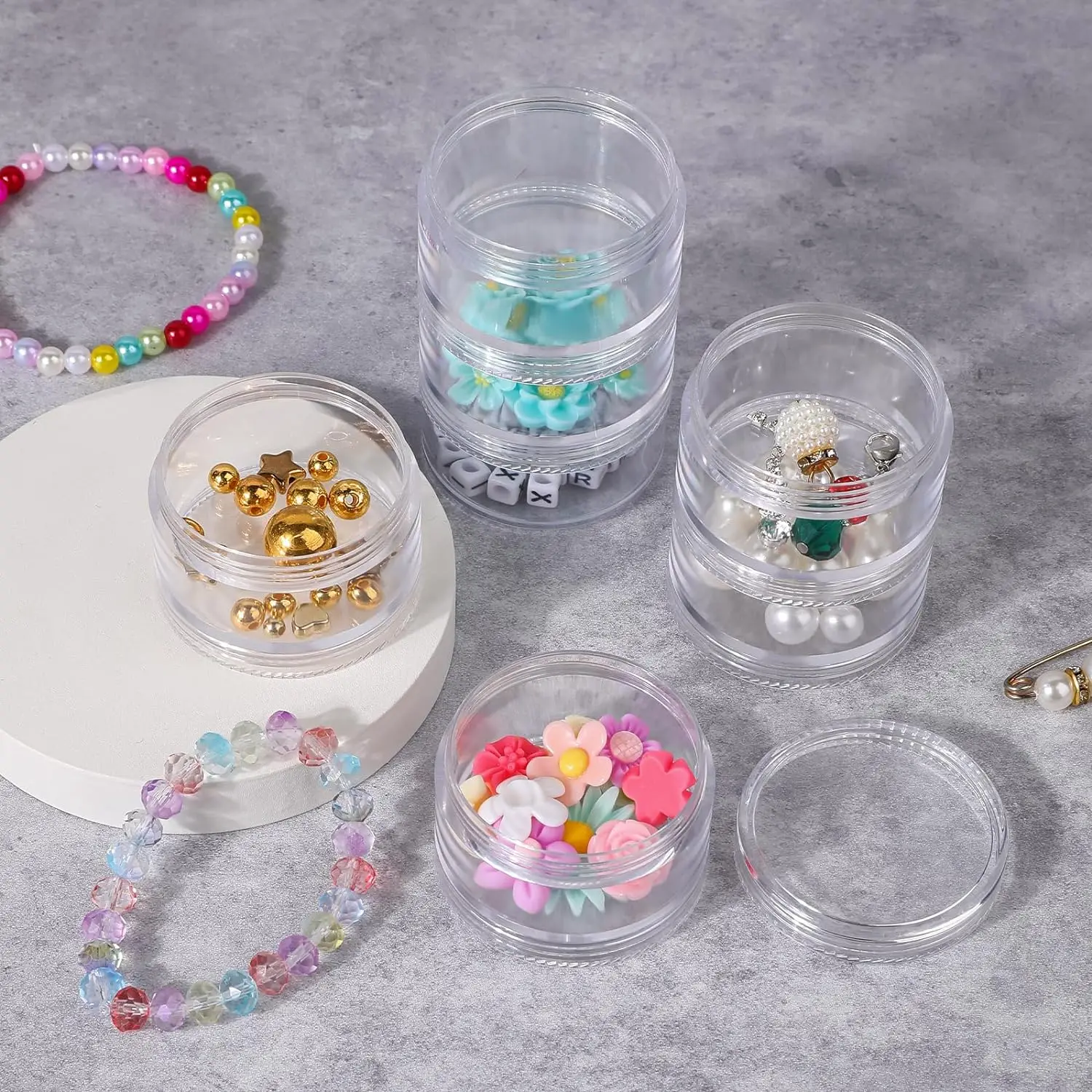 21833 5pcs Modern Diameter 50mm Small round Clear Plastic Bead Storage Box stackable jars Bead organizer for Nail and Jewelry