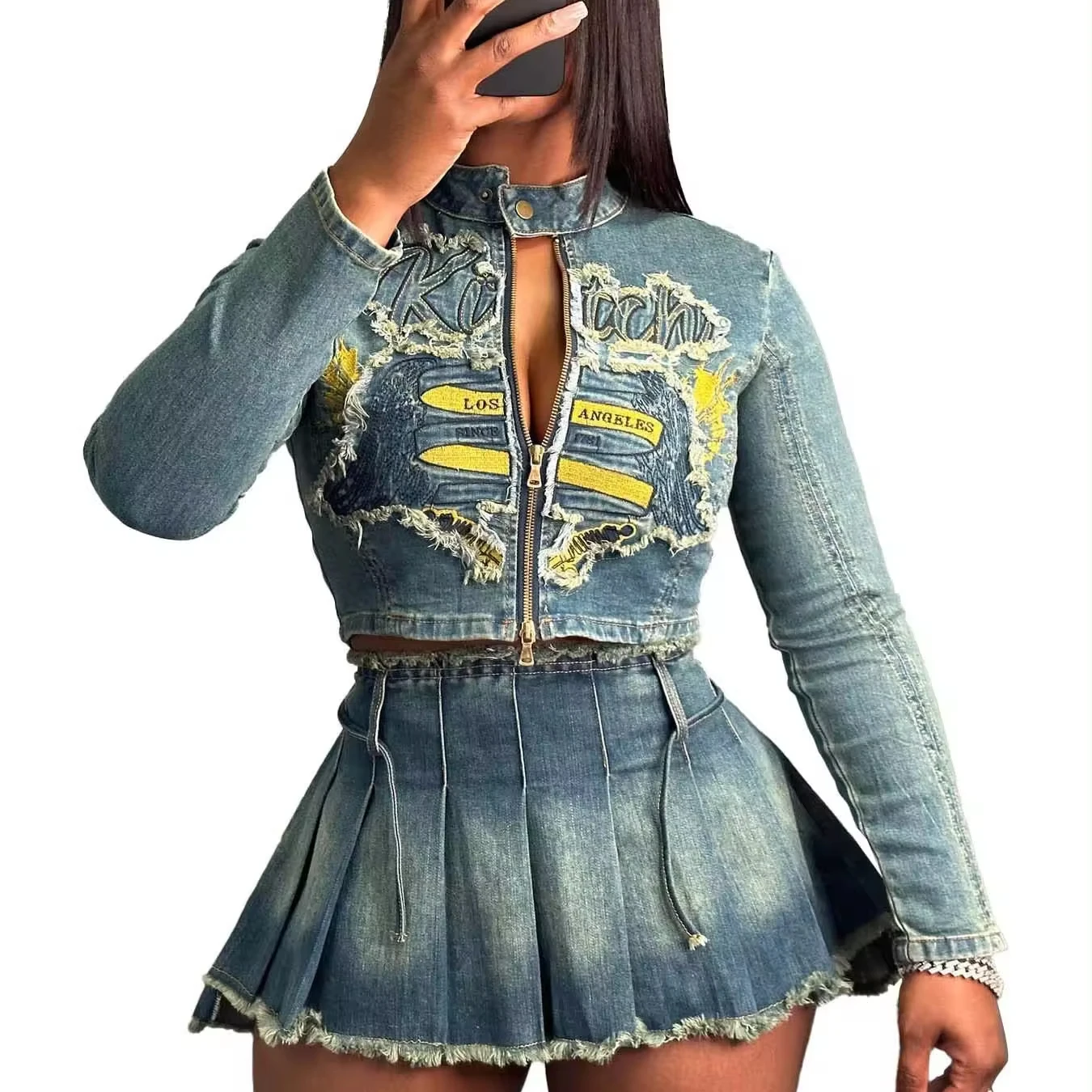 Новинка модная Сексуальная плиссированная Одежда для девочек новая весенняя 2024 новое лоскутное джинсовое пальто женская юбка и топ на весну