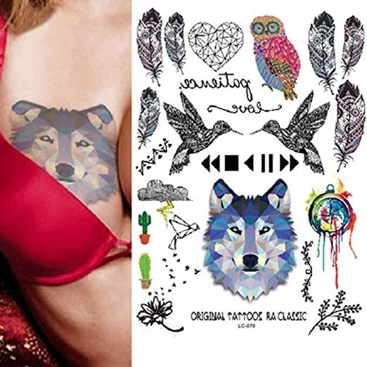 Custom Adhesive Four Color Printing Tatoo Sticker Water Transfer Owl Fox Head Plumage Bird Animals Body Art Temporary Tattoo