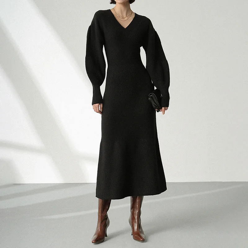 Custom 100% Cashmere Dress Women Lady Winter Knit Woman Vintage Lantern Sleeves Long Cotton Wool Cashmere Sweater Dresses
