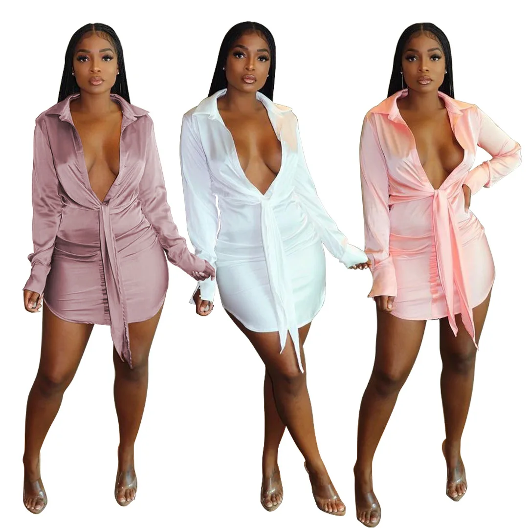 Sexy Deep V Satin Dress Summer Outfit for Women Cute Blouse Festival Clothes Long Sleeve Bodycon Night Club Mini Dresses
