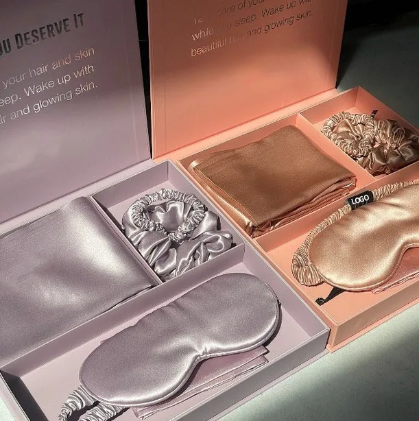 Wholesale 100% mulberry  luxury silk pillowcase with gift box logo silk eye masks and pillowcases with sleeping