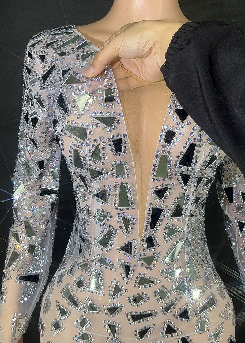 Customized Plus Size Singer stage show Sliver Sequin Mermaid Evening Dress Sexy High Slit Long Sleeve Party Mirror Dresses