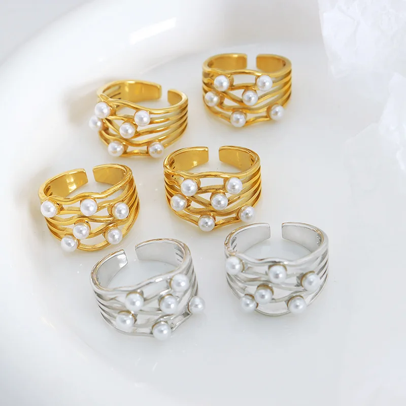 French-Style Multi-Layer Wave-Shaped Pearl Elegant Non-Mainstream Style Fashionable Simple Elegant Lady Ring Titanium Steel Ring