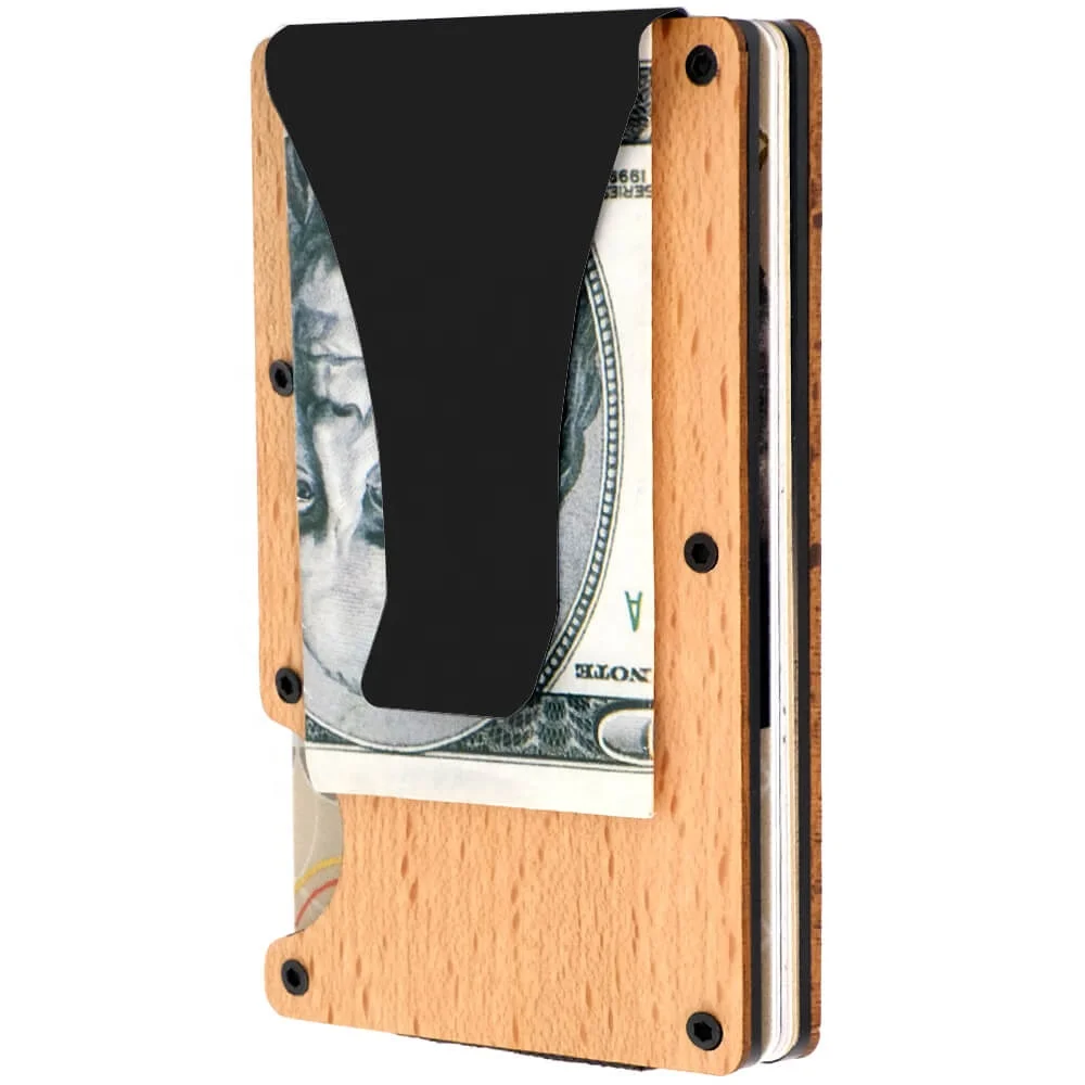 
2020 New Dark Beige RFID Blocking Wooden Smart Wallets Card holder Front Pocket Wallets Metal Money Clip for men 