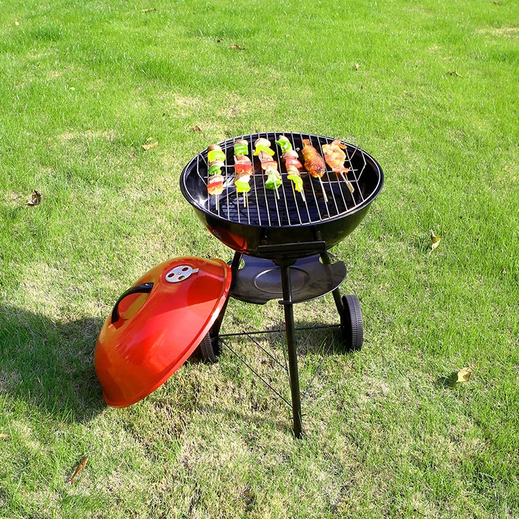 Round Charcoal Barbecue Grill Round Cast Iron Camping Portable Trolley BBQ Grill Charcoal Grill