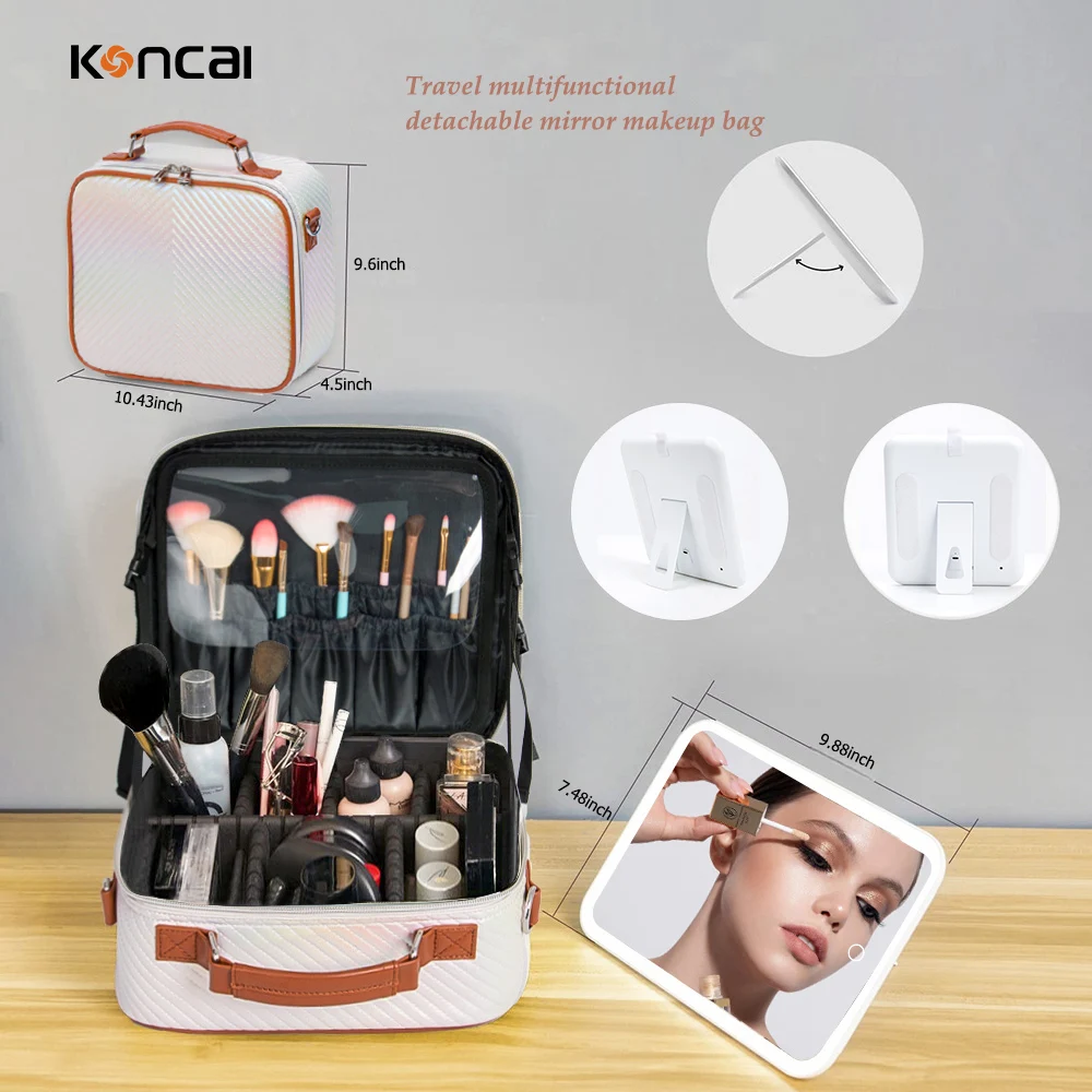 KONCAI Make Up Accessories Custom Vanity Box Organizer Beauty Makeup Case Leather Travel Cosmetic Bag with Led Mirror Light