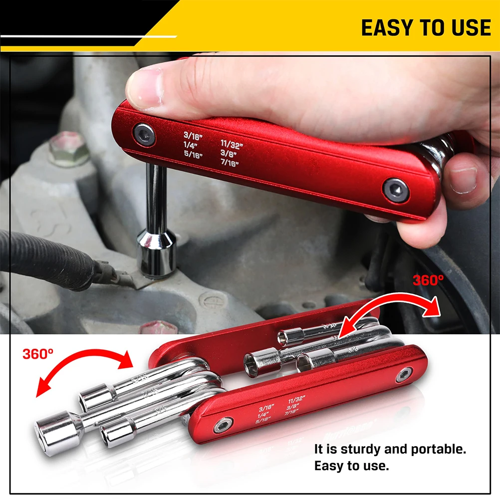 6 in 1 Folding Nut Driver Set Metric, Hex Nut Driver Set, Folding Socket Wrench, Cr-V Shank, Portable Premium Aluminum Handle