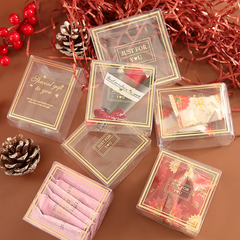Rim Edge Thank You Wedding Favor Gift Clear Plastic PVC PET Square Acetate Box WIth Gold Stamping