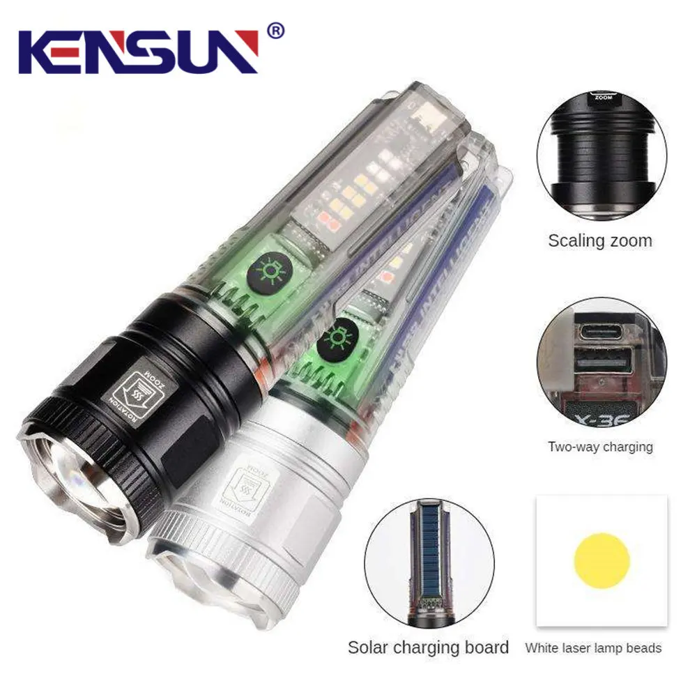 Solar Charging Board Long Range White Laser Light Telescopic Zoom Power Bank Waterproof Rechargeable Led Torch Light Flashlight