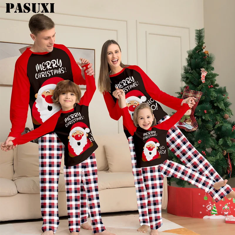 PASUXI 2025 New Fashion Holiday Women And Children Fawn Alphabet Print Home Pajamas Set Christmas Family Matching Pajamas