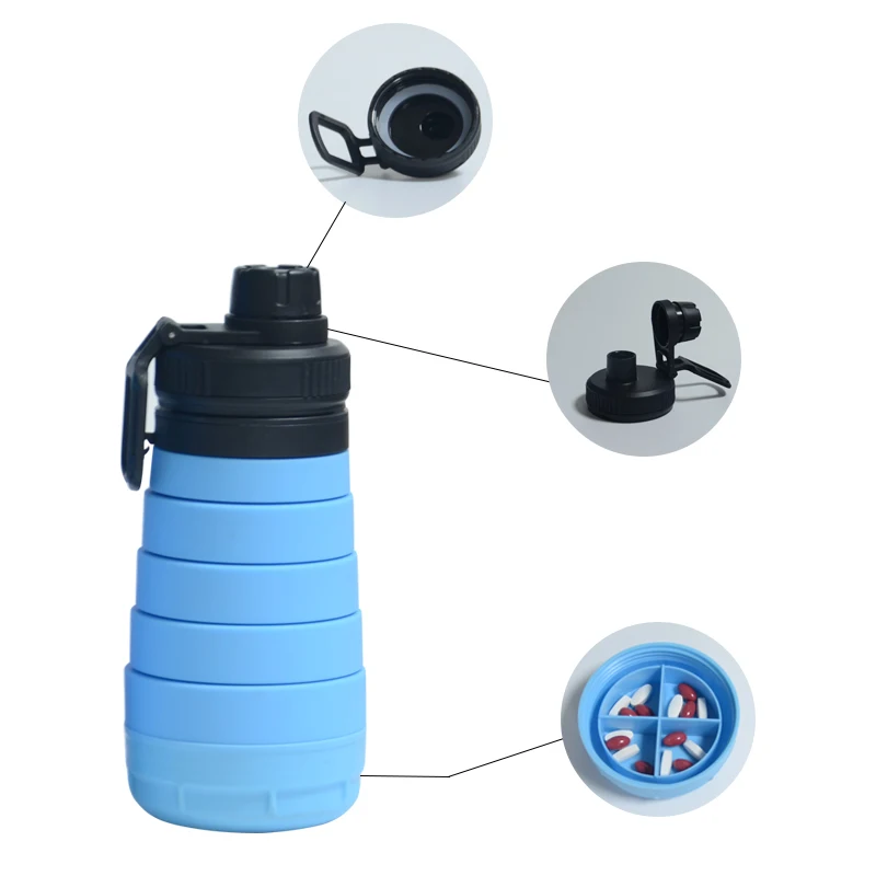 Food Grade BPA Free Retractable Portable Storage Pill Foldable Water Bottle Collapsible Silicone Water Bottle