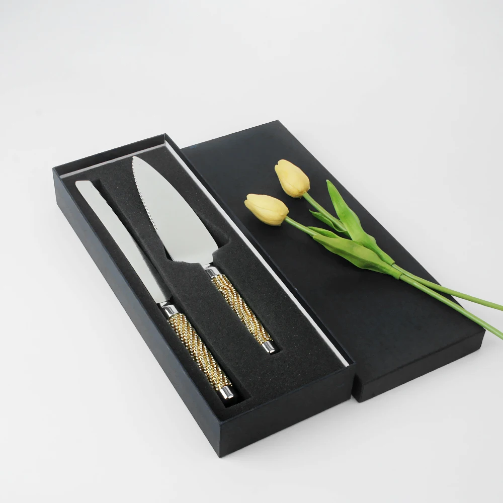 Сервировочный сплав витая Хрустальная ручка Пользовательский логотип нержавеющая сталь резка торт нож 2 набора для свадьбы