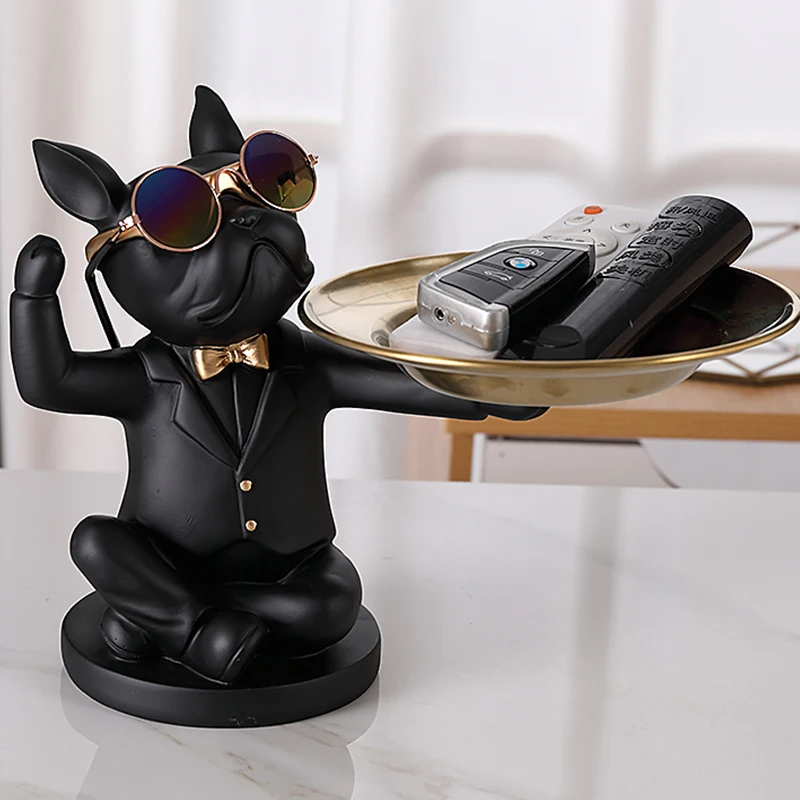 Cool Dog statue with tray French Bulldog Piggy bank Figurine Candy Fruit Plate Home Decoration Table Living Room Decor Money Box