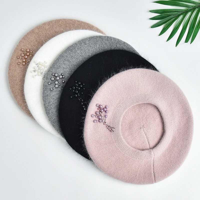 Knit Cashmere Wool Beret Beanie for Women Fashion French Wool Beret Hats with Decoration Custom Elegant Winter Hats