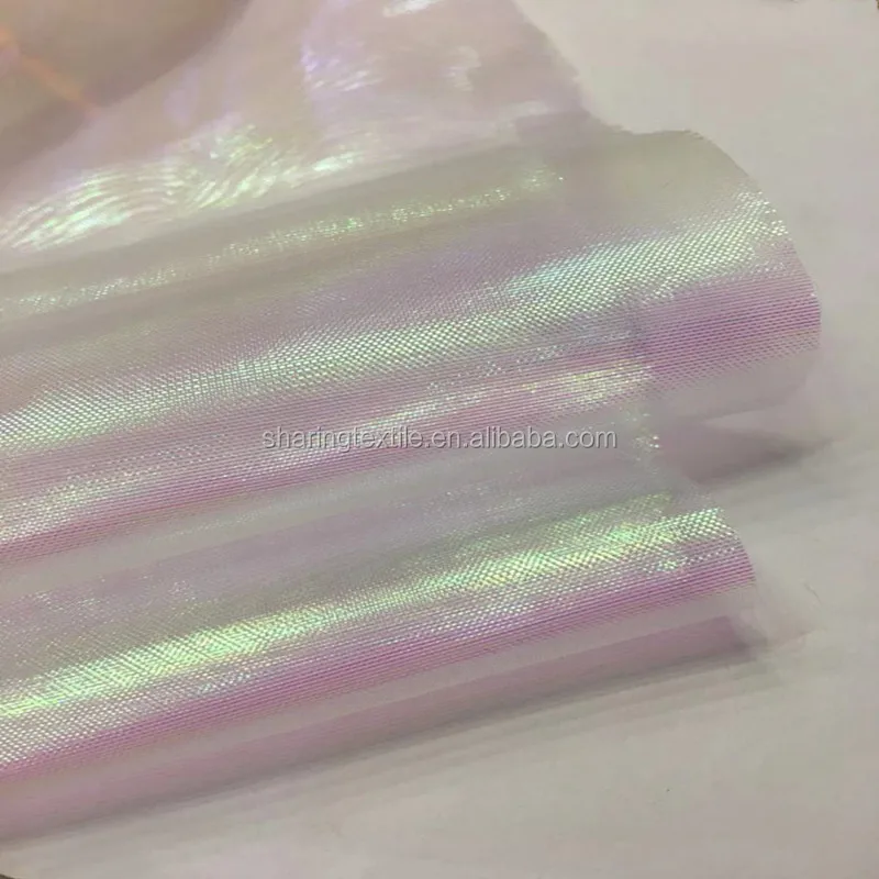 Stocklot Fabrics Polyester Nylon Shiny Colorful Rainbow Iridescent Crystal Organza Fabric For Wedding Costume Dress