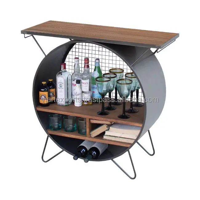 
modern classic high quality hot selling Iron & wood Round Bar Cabinet, Antique wood & Rustic Iron Wine display Rack cabinet 