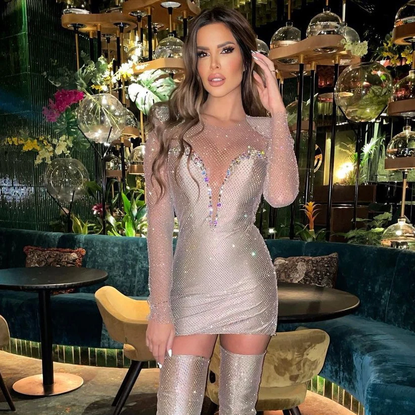 Fashion Sexy Luxury Beaded Rhinestone Mesh Spliced Transparent Party Dress Women Bodycon Mini Nightclub Club Dress