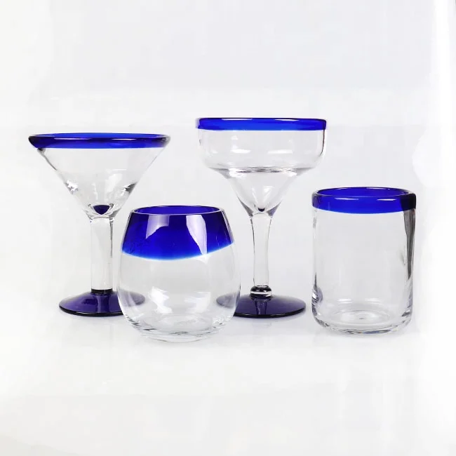 MEXICAN GLASSWARE Artisan Crafted Recycled Hand made . Cobalt Blue Rim Mexico Tequilawhiskey glass Shot Glass