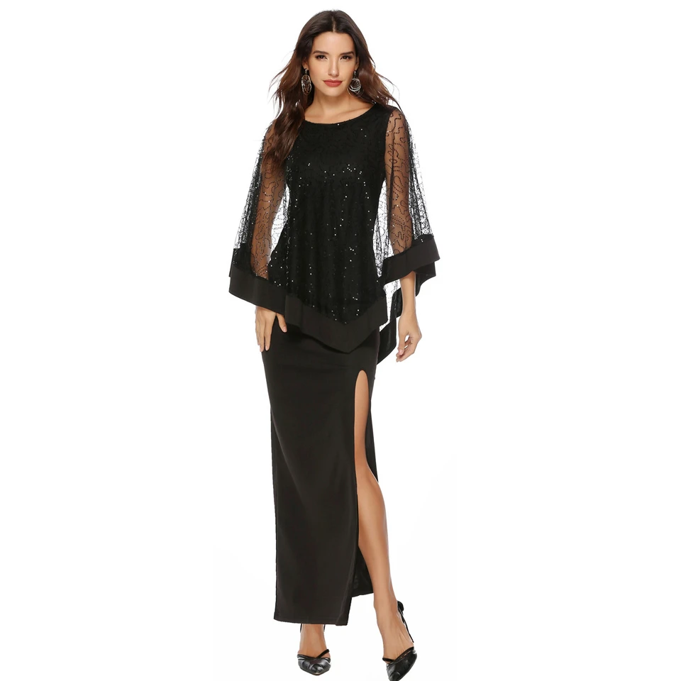 
Black Evening Dress Sequined Shawl Sexy Elegant Party Dress With Crew Neck Prom Dress 