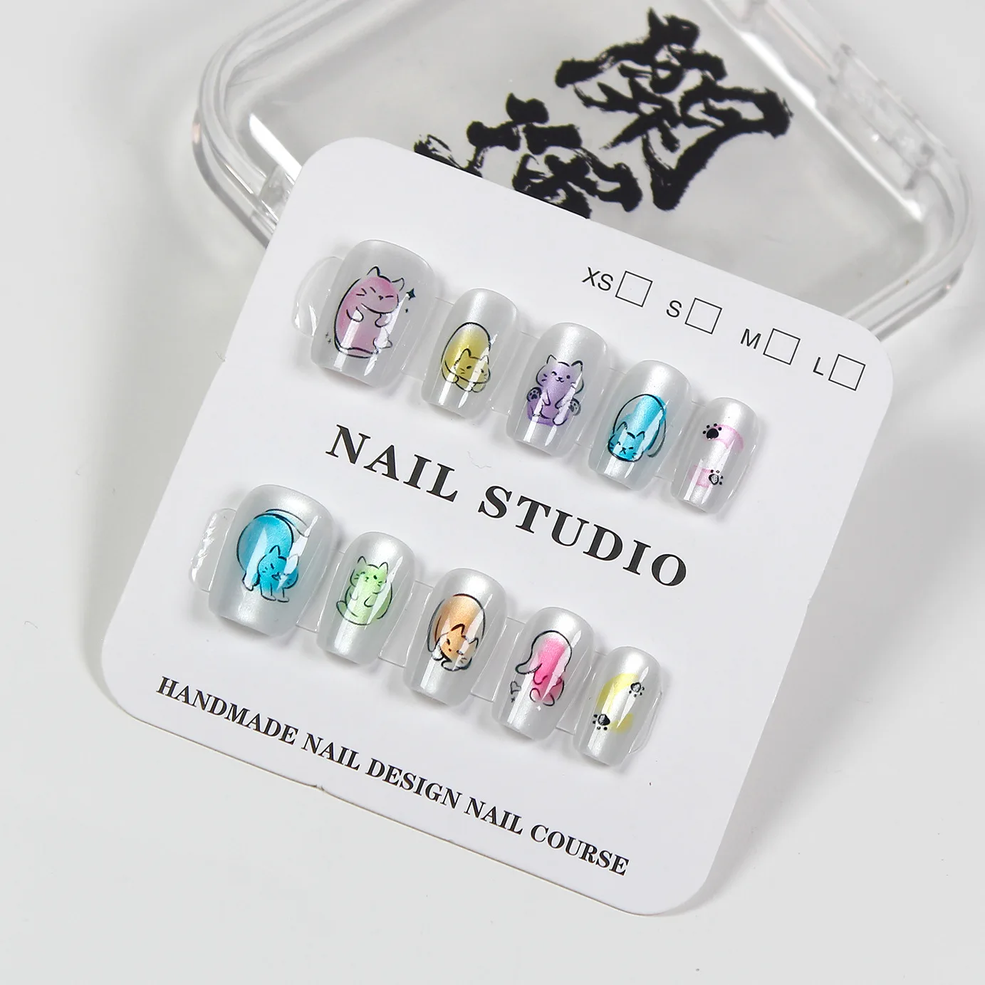 Cute style cat printing cat claw short style silver color flat tips press on nails with glue