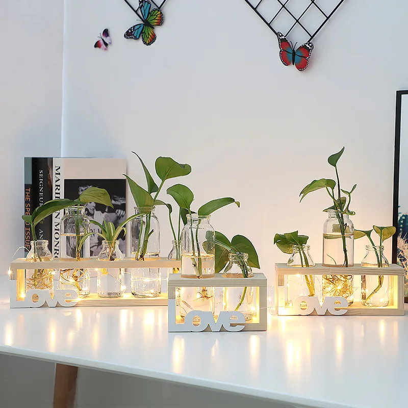 Home Decor Station with Wooden Stand Bulb Vase for Hydroponics Plants Wall Hanging Glass Planter Tabletop Terrarium Wood Stand
