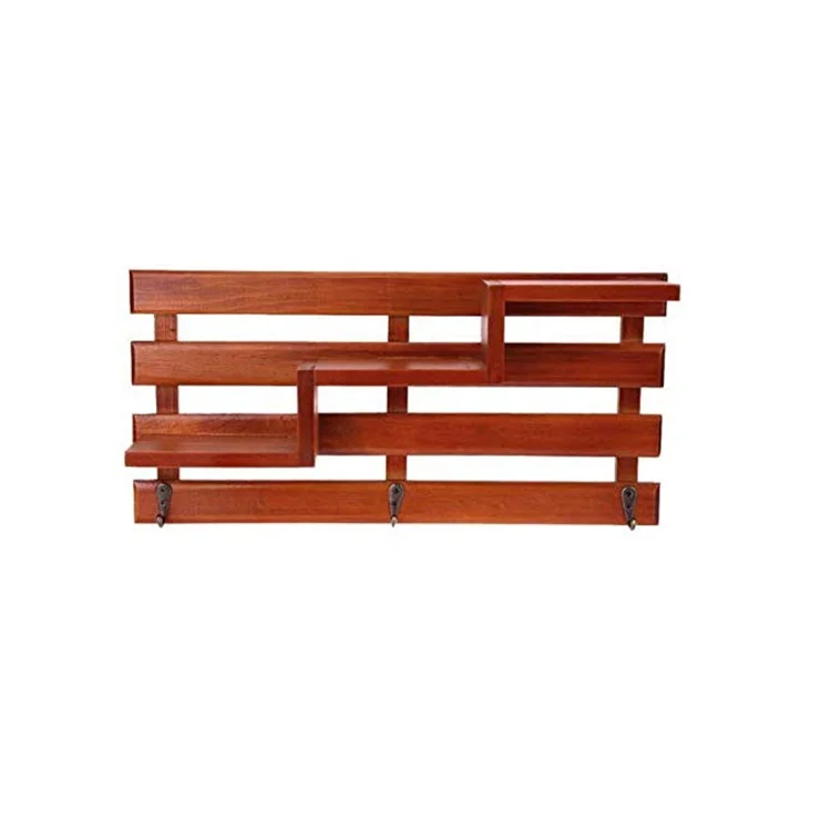 Three Layer Entryway Shelves Wall Mounted Holder Storage Organize Solid Wood Storage Racks Stair Display Shelf with Metal Hooks