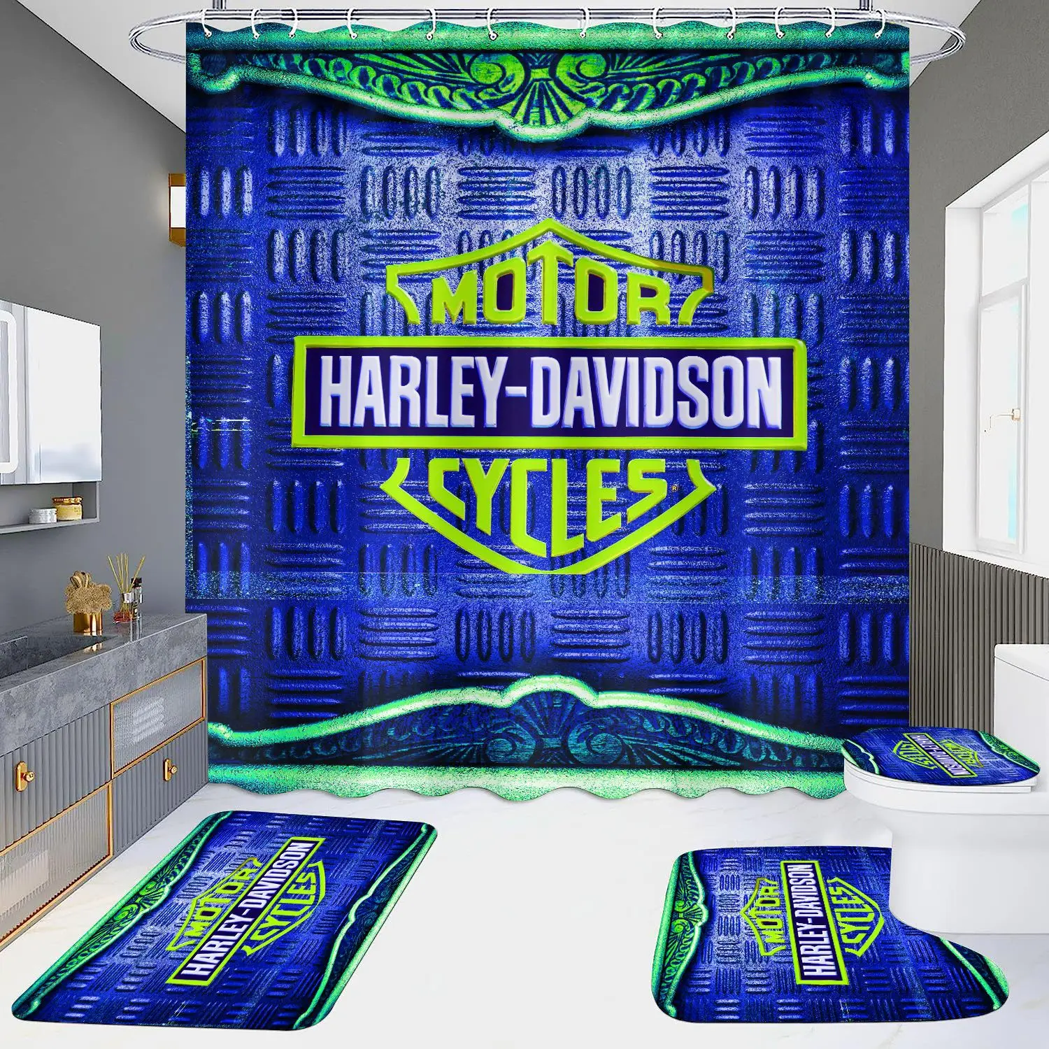 Custom Any Design Luxury Marble Shower Liner Bathroom Set Curtain Rug