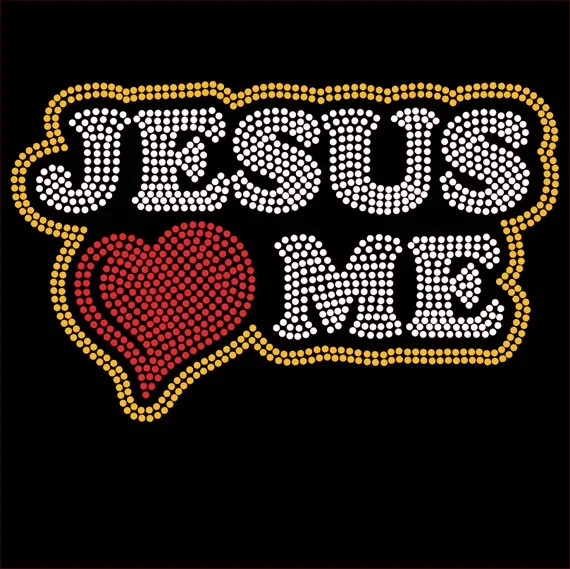 High Quality DMC Crystal JESUS LOVE ME Christian Faith Iron-on Motif Designs Clear Rhinestone Transfers for shirts and hoodies