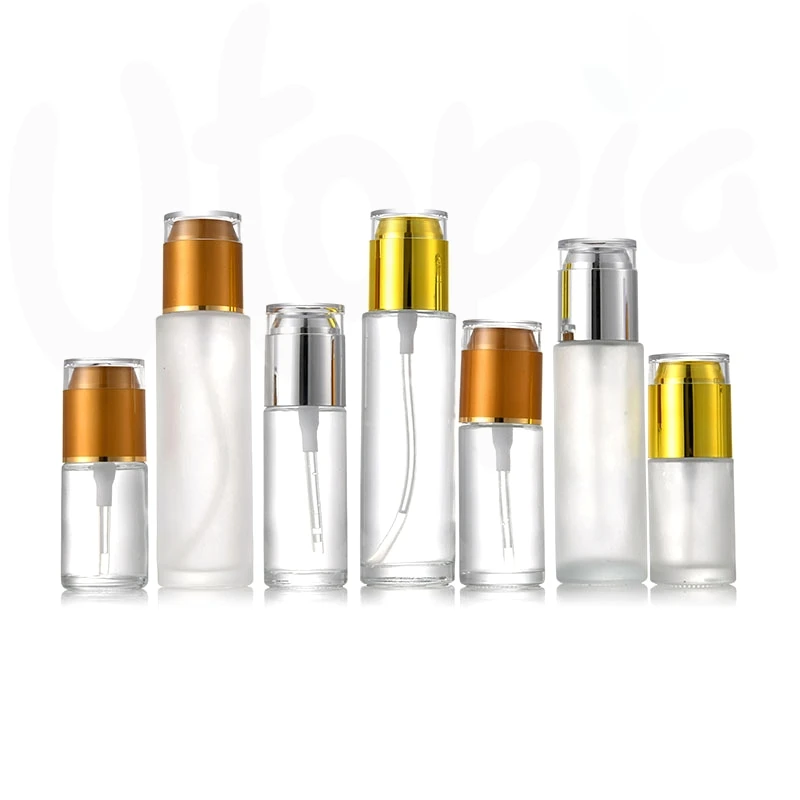 Wholesale frosted glass spray pump bottle press lotion bottle essence skincare cosmetic dispenser cosmetics package set