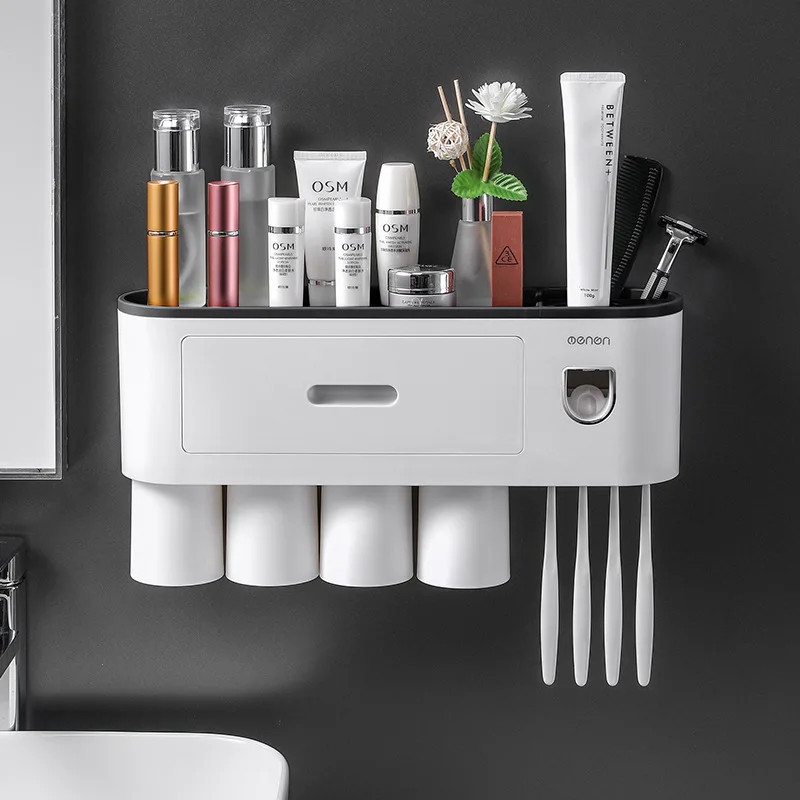 Multi-Functional Non-punching Creative Bathroom Toothbrush Rack For Gargling And Placing Cosmetics